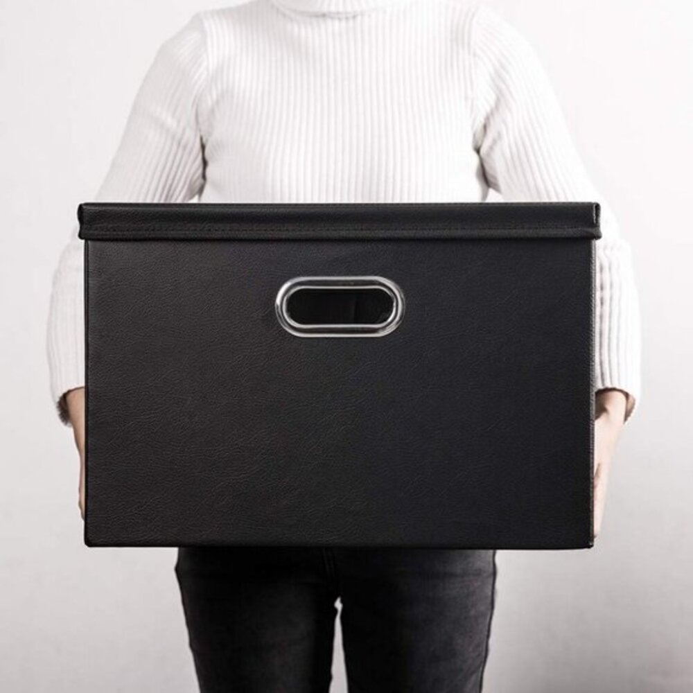 1 Pack Large Collapsible Storage Bin with Lid Leather Fabric Foldable Storage